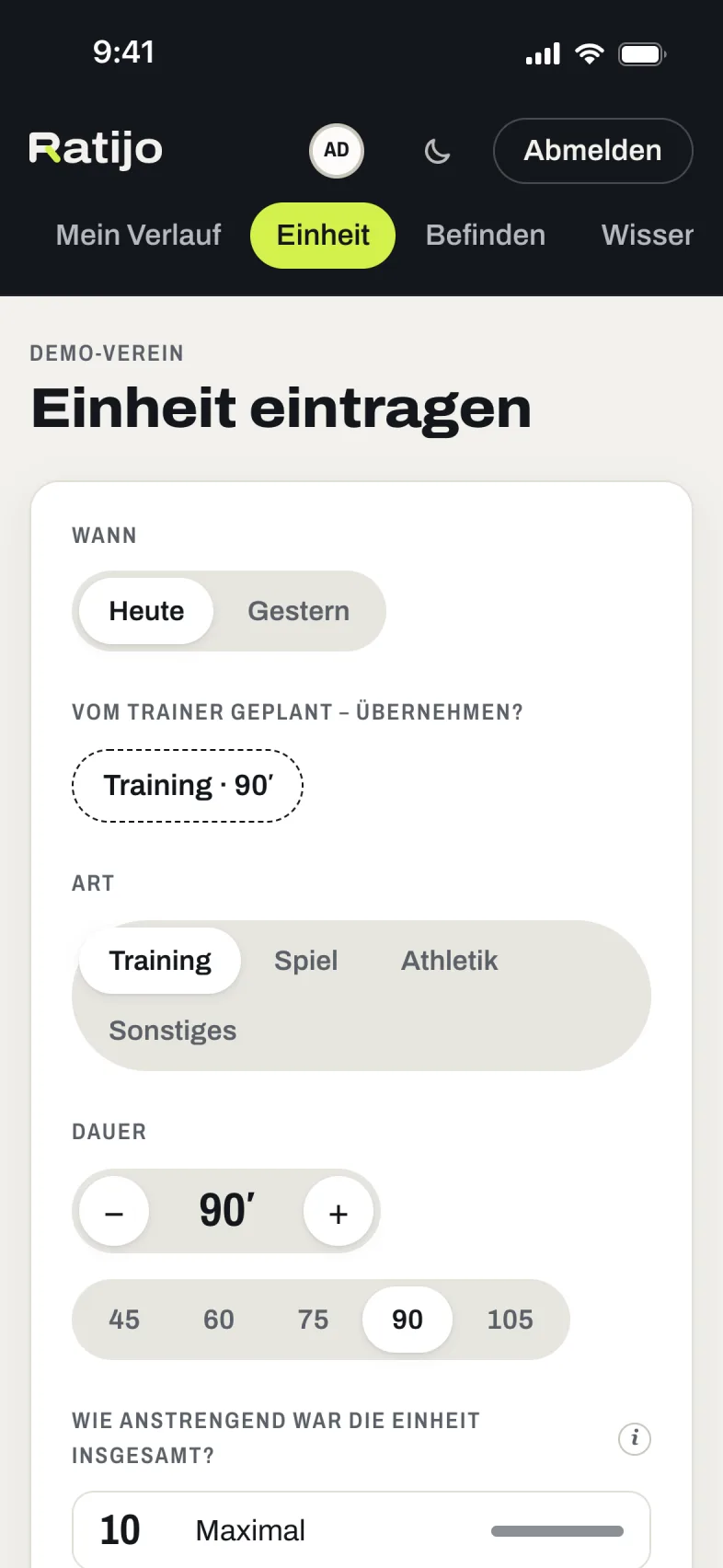 Einheit eintragen: Dauer und Anstrengung in wenigen Schritten
