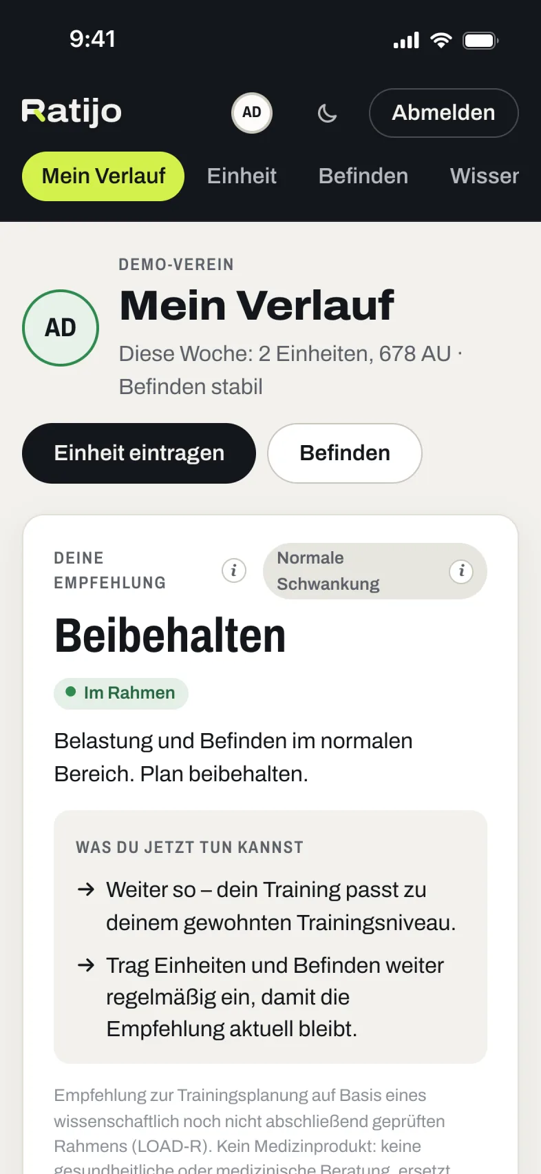 Mein Verlauf: eigene Empfehlung zur Trainingsbelastung